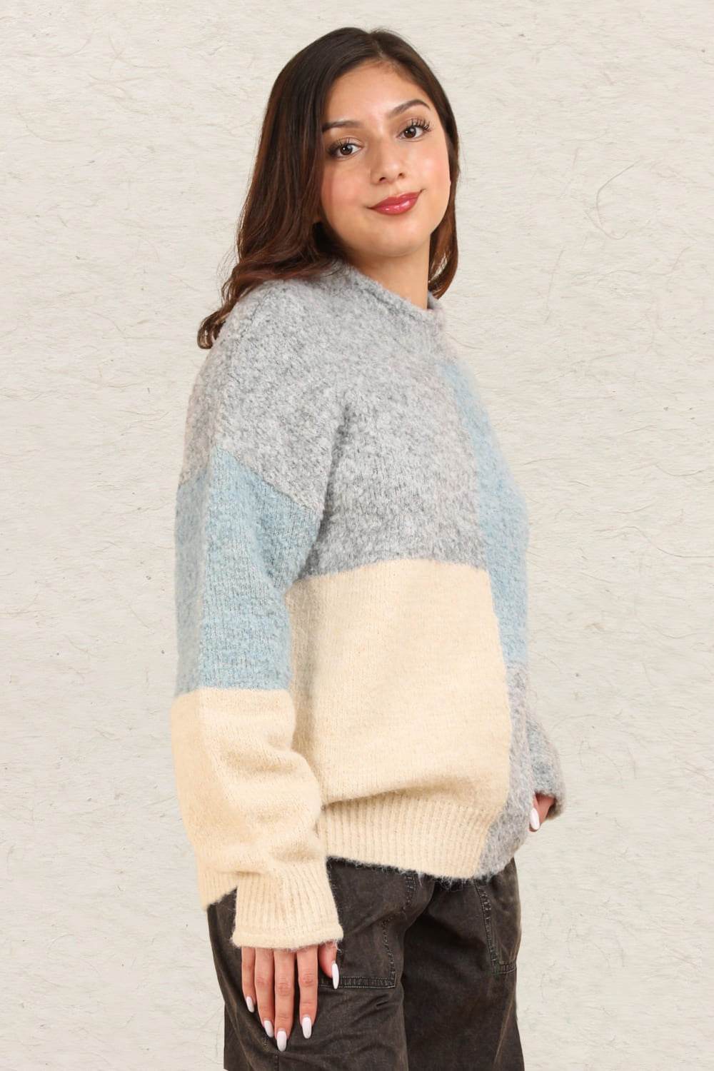VERY J Color Block Mock Neck Drop Shoulder Sweater - Delanoir