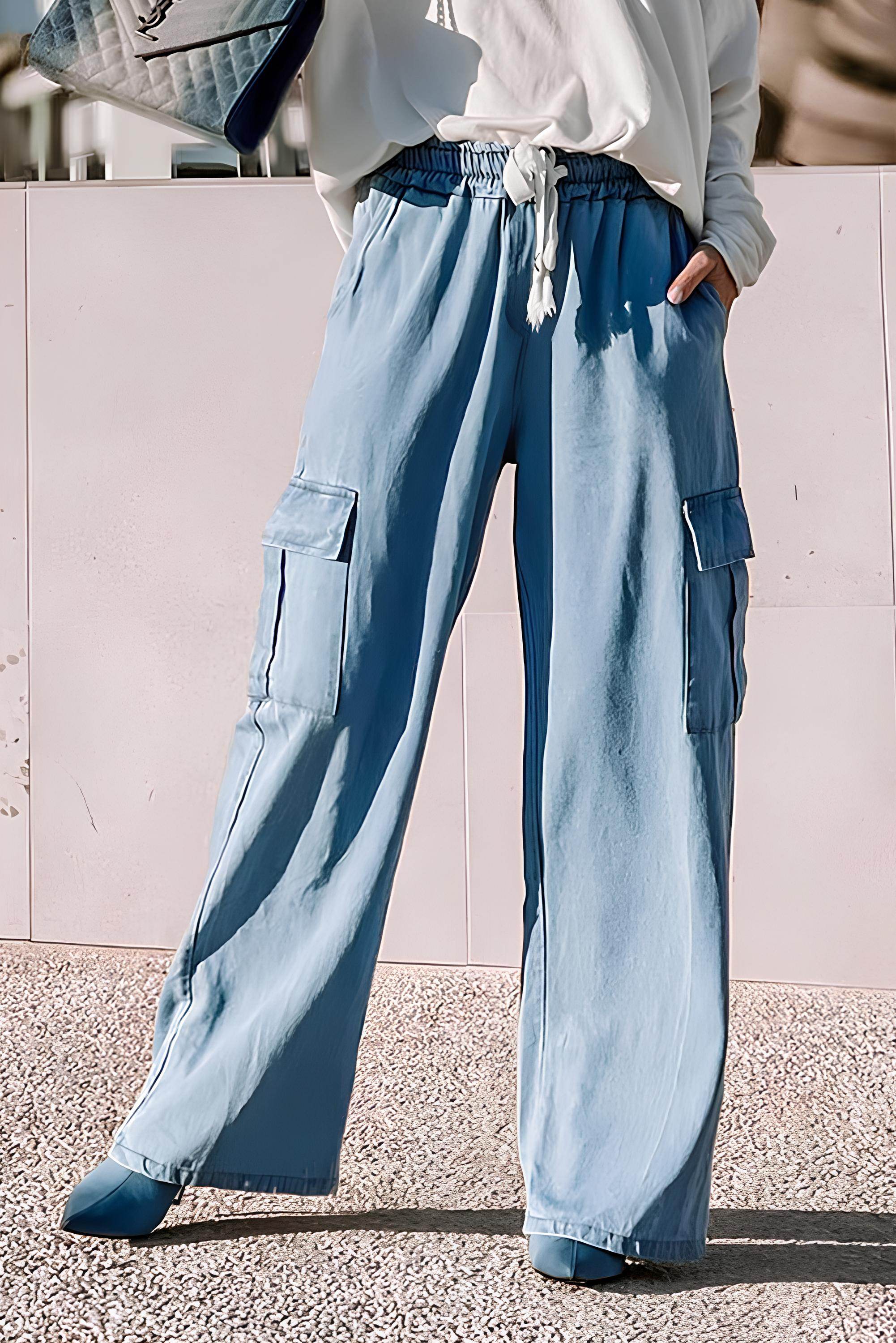 Drawstring Cargo Pocket Wide Leg Jeans - Delanoir