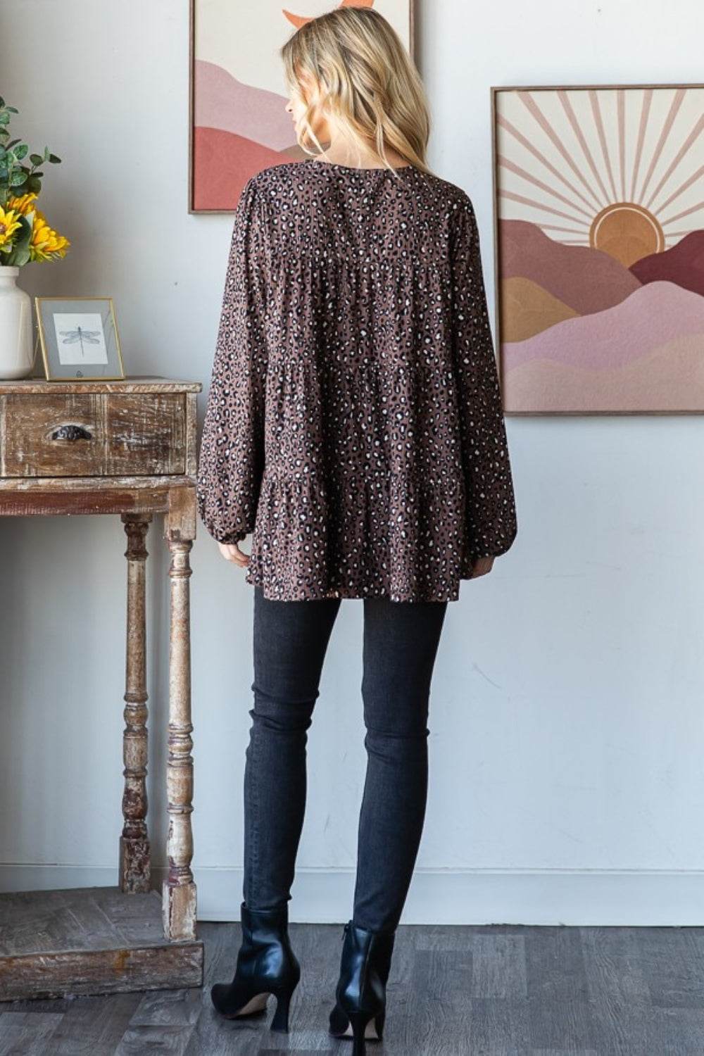 Heimish Leopard Long Sleeve Tiered Blouse - Delanoir