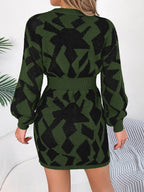 Contrast Round Neck Cutout Long Sleeve Mini Sweater Dress - Delanoir