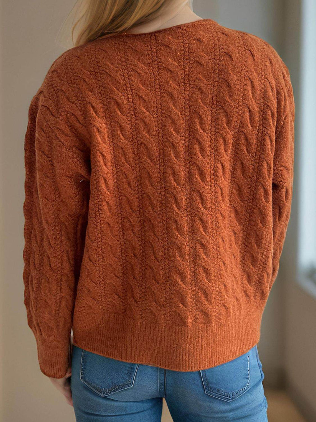 Cable-Knit Round Neck Long Sleeve Cardigan - Delanoir