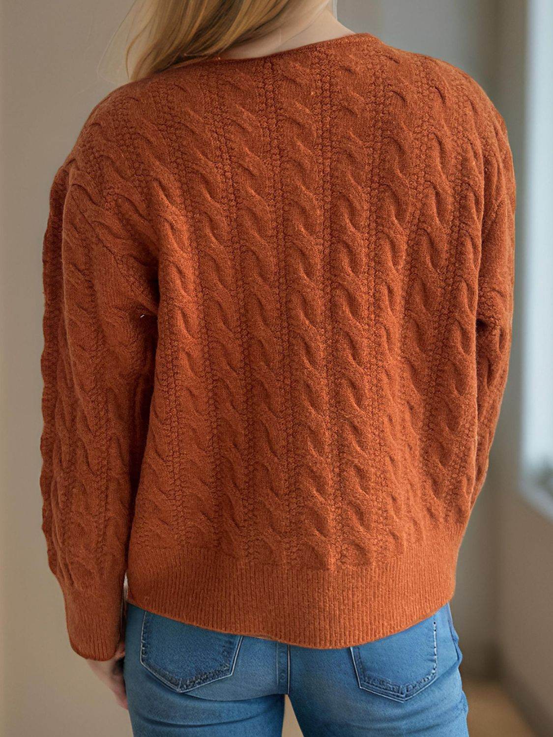 Cable-Knit Round Neck Long Sleeve Cardigan - Delanoir