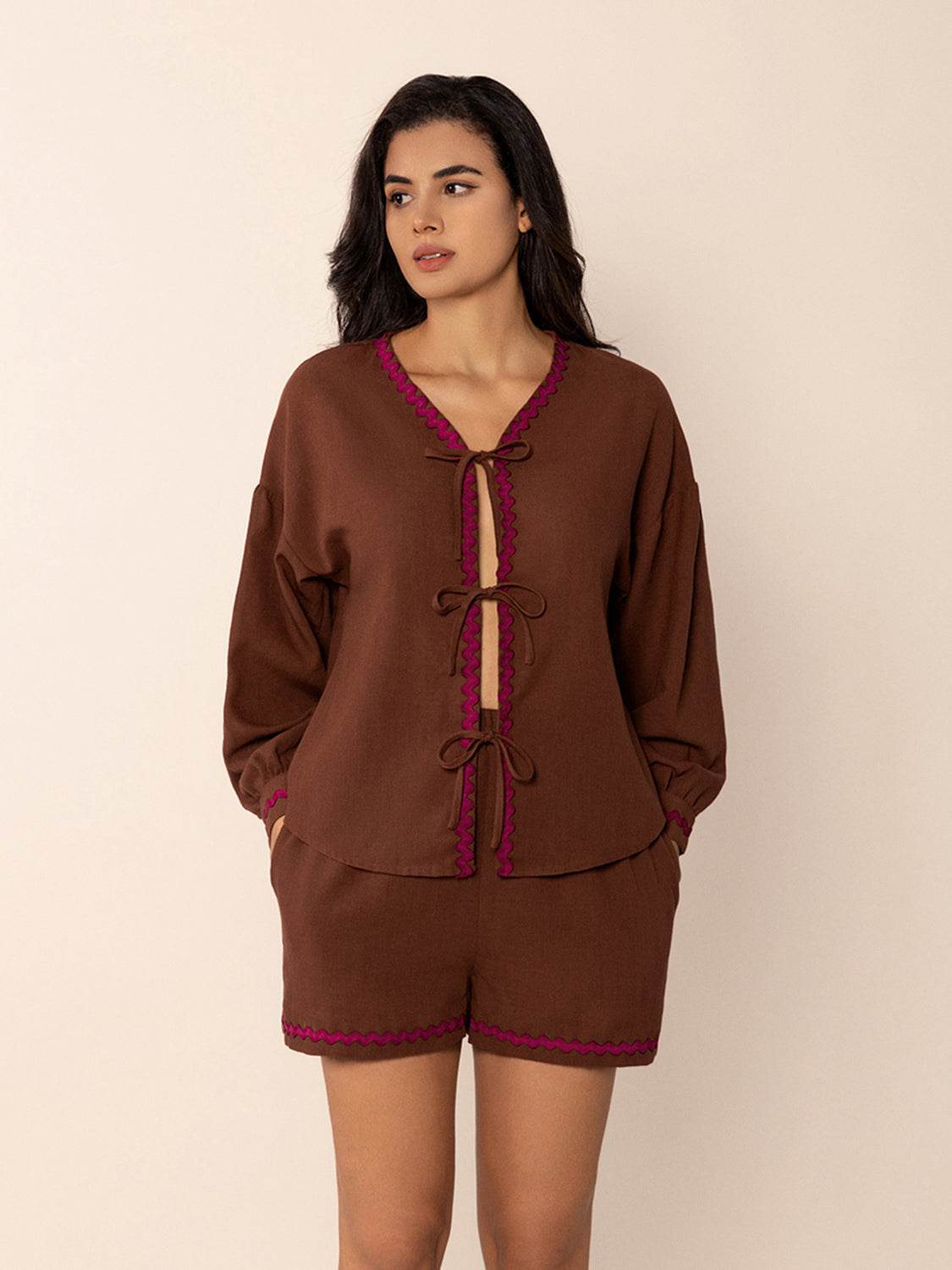 Tied V-Neck Long Sleeve Top and Shorts Set - Delanoir