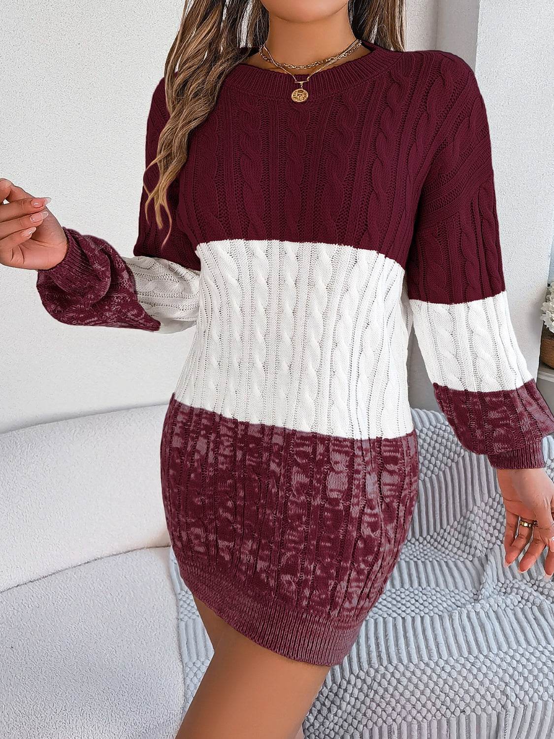 Cable-Knit Round Neck Color Block Sweater Dress - Delanoir