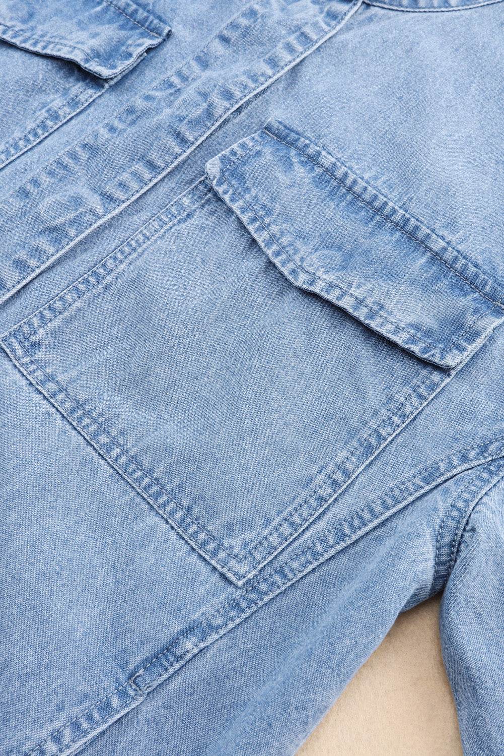 Drawstring Snap Down Denim Jacket with Chest Pockets - Delanoir