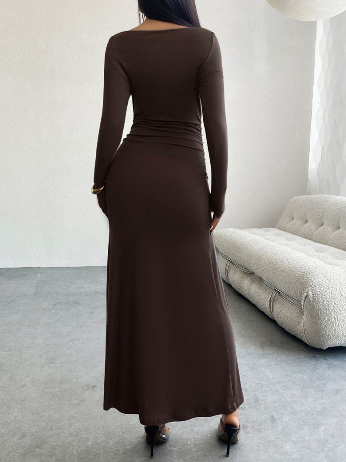 Devine Ruched Long Sleeve Maxi Dress - Delanoir