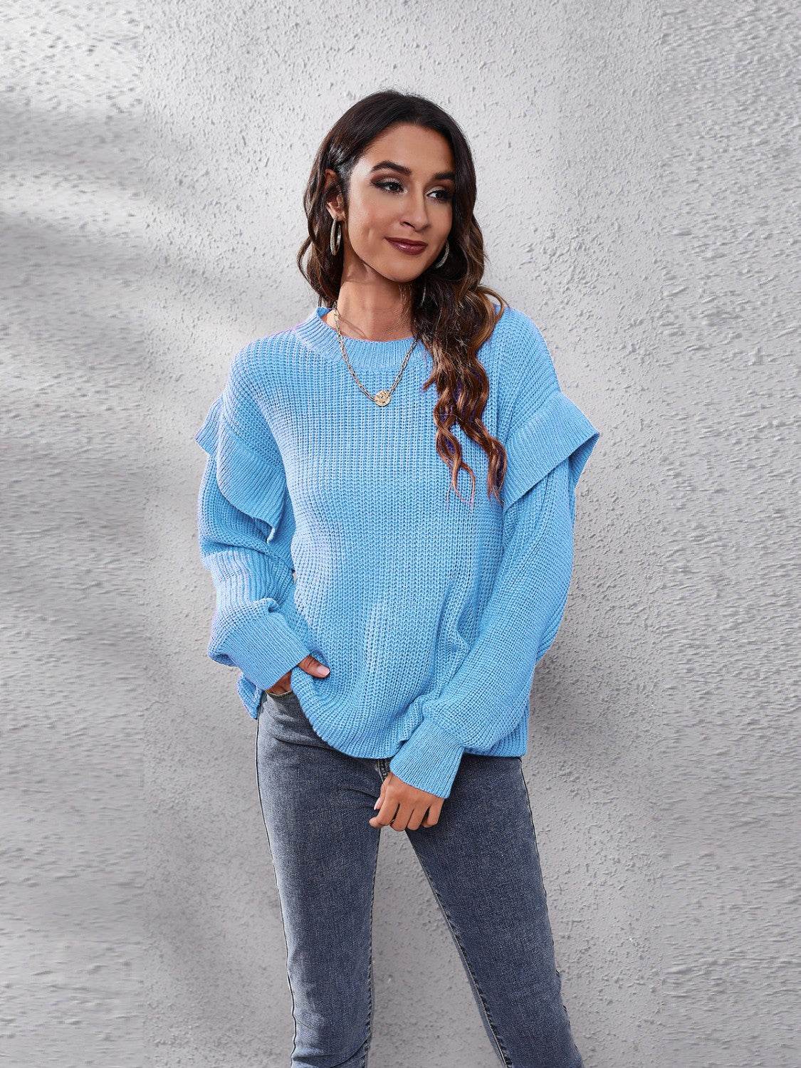 Ruffled Round Neck Dropped Shoulder Sweater - Delanoir