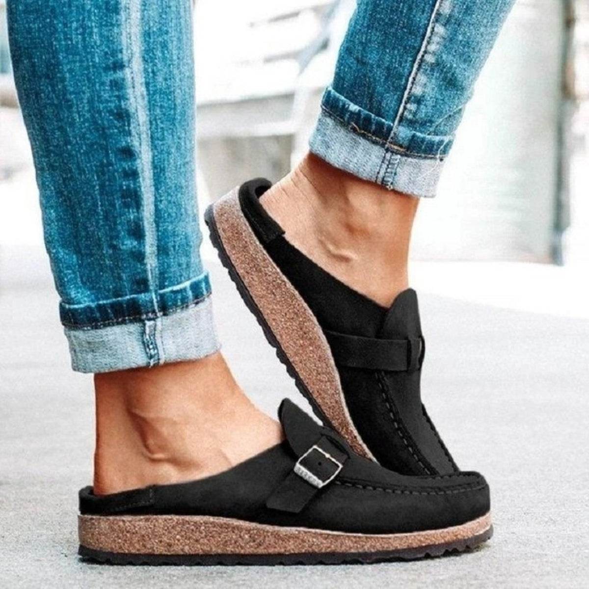 Round Toe Low Heel Buckle Loafers - Delanoir