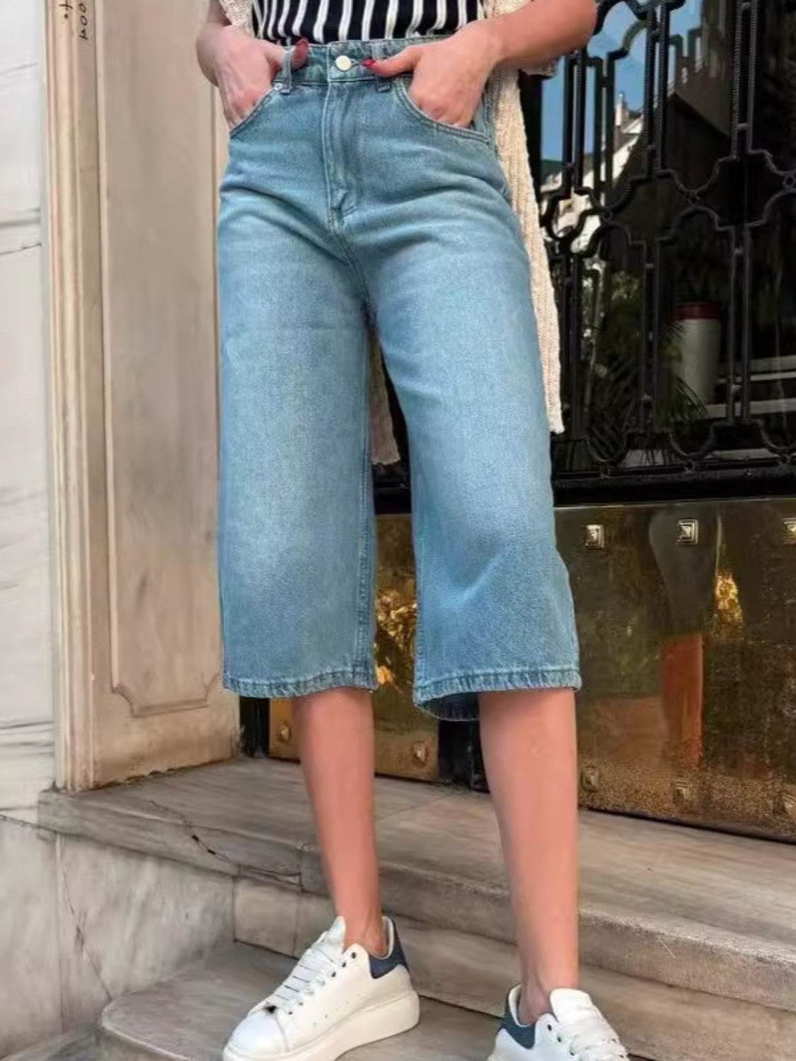 High Waist Denim Shorts with Pockets - Delanoir