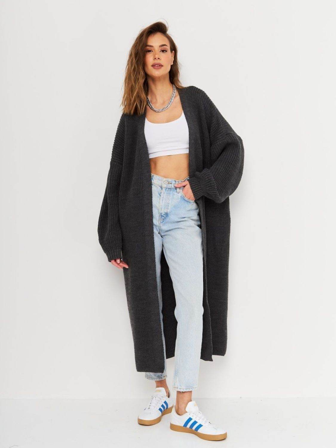 Open Front Long Sleeve Longline Cardigan - Delanoir