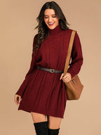 Perfee Slit Turtleneck Long Sleeve Mini Sweater Dress - Delanoir