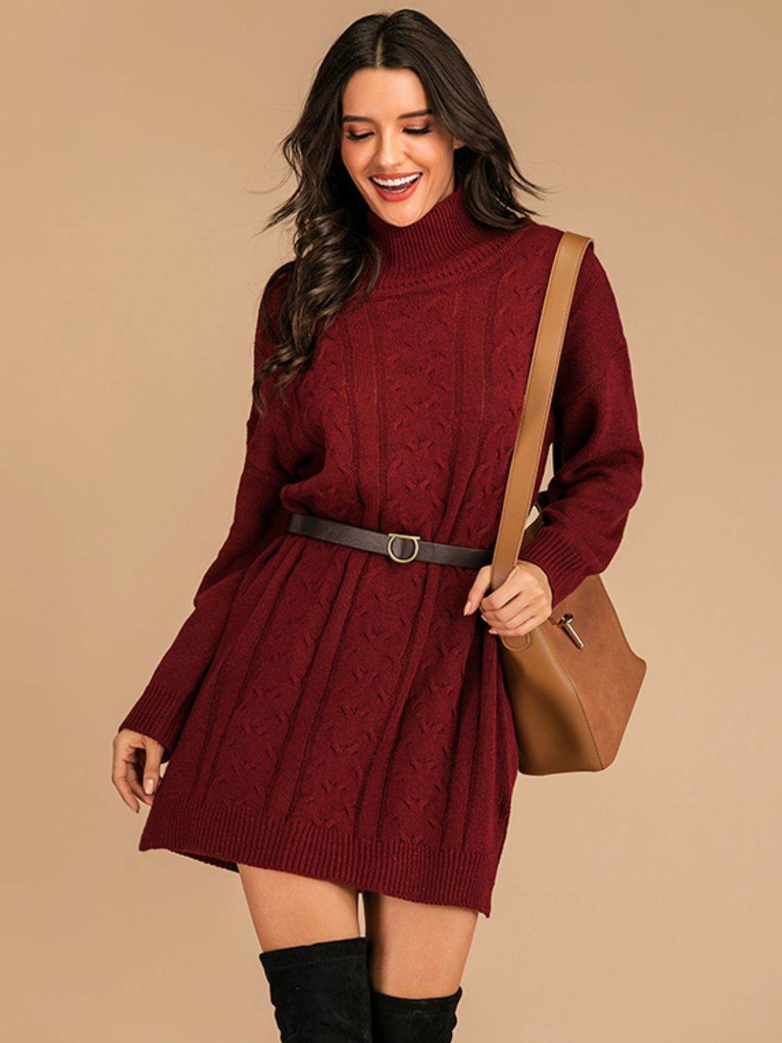 Perfee Slit Turtleneck Long Sleeve Mini Sweater Dress - Delanoir