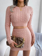 Cable-Knit Round Neck Top and Skirt Sweater Set - Delanoir
