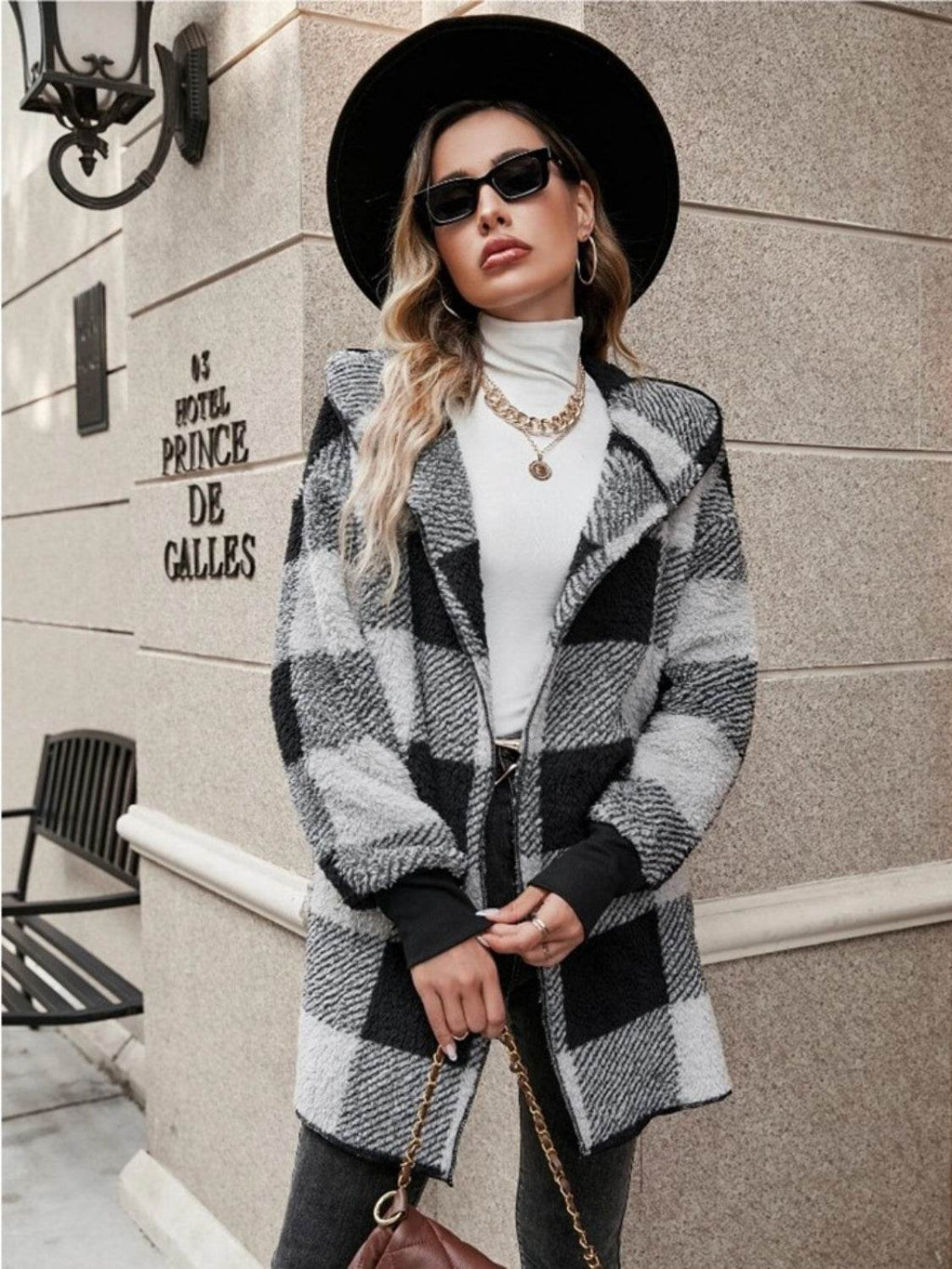 Plaid Long Sleeve Hooded Coat - Delanoir