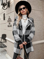 Plaid Long Sleeve Hooded Coat - Delanoir