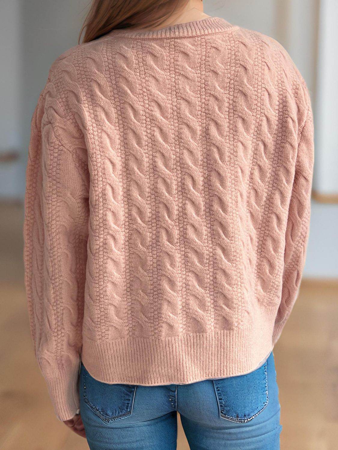 Cable-Knit Round Neck Long Sleeve Cardigan - Delanoir