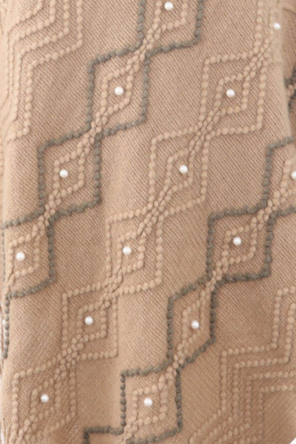 Pearl Trim V-Neck Fringe Hem Poncho - Delanoir