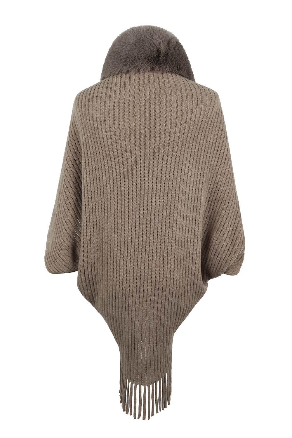 Fringe Detail Long Sleeve Ribbed Poncho - Delanoir
