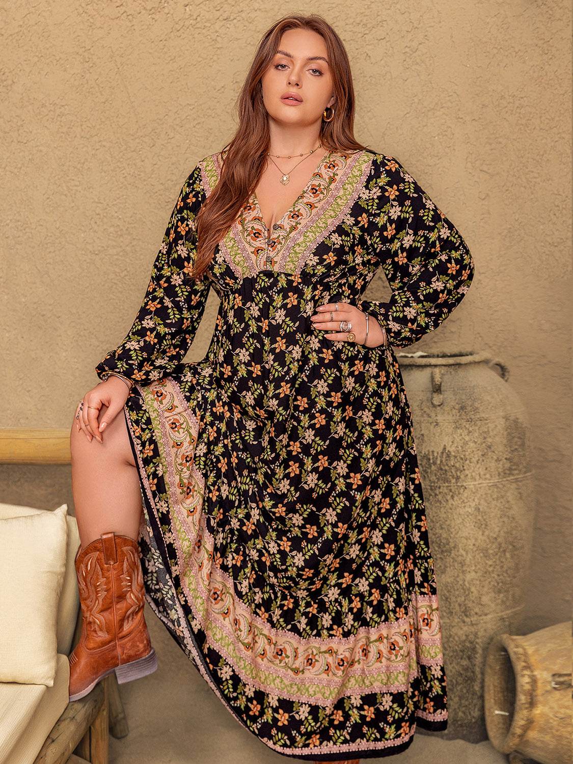Plus Size Floral V-Neck Balloon Sleeve Dress - Delanoir