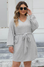 Plus Size Ribbed Tie Front Long Sleeve Sweater Dress - Delanoir