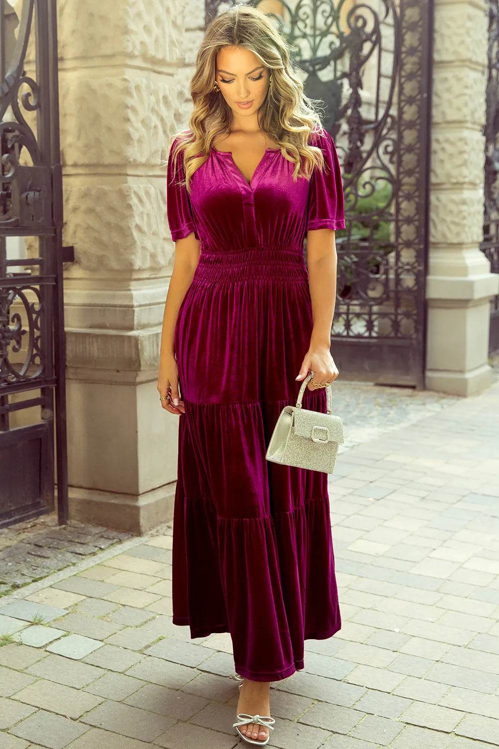 Tiered Notched Short Sleeve Dress with Pockets - Delanoir