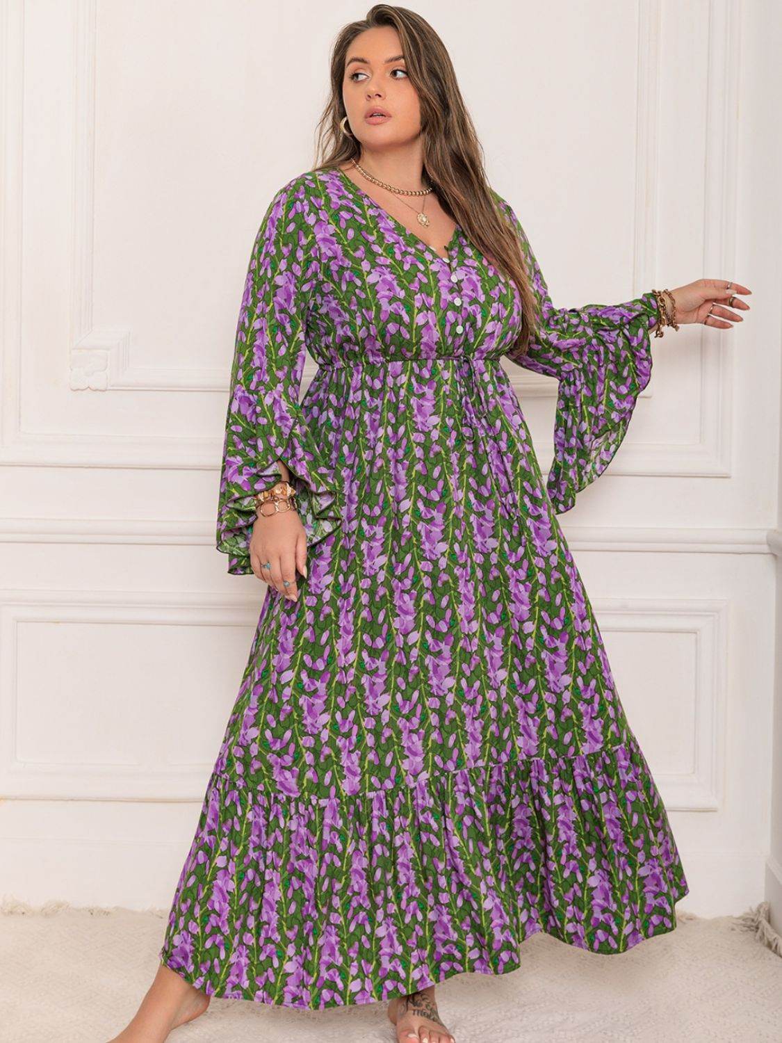 Plus Size Printed V-Neck Long Sleeve Maxi Dress - Delanoir