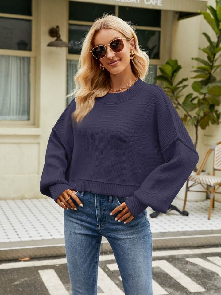 Round Neck Lantern Sleeve Sweater - Delanoir