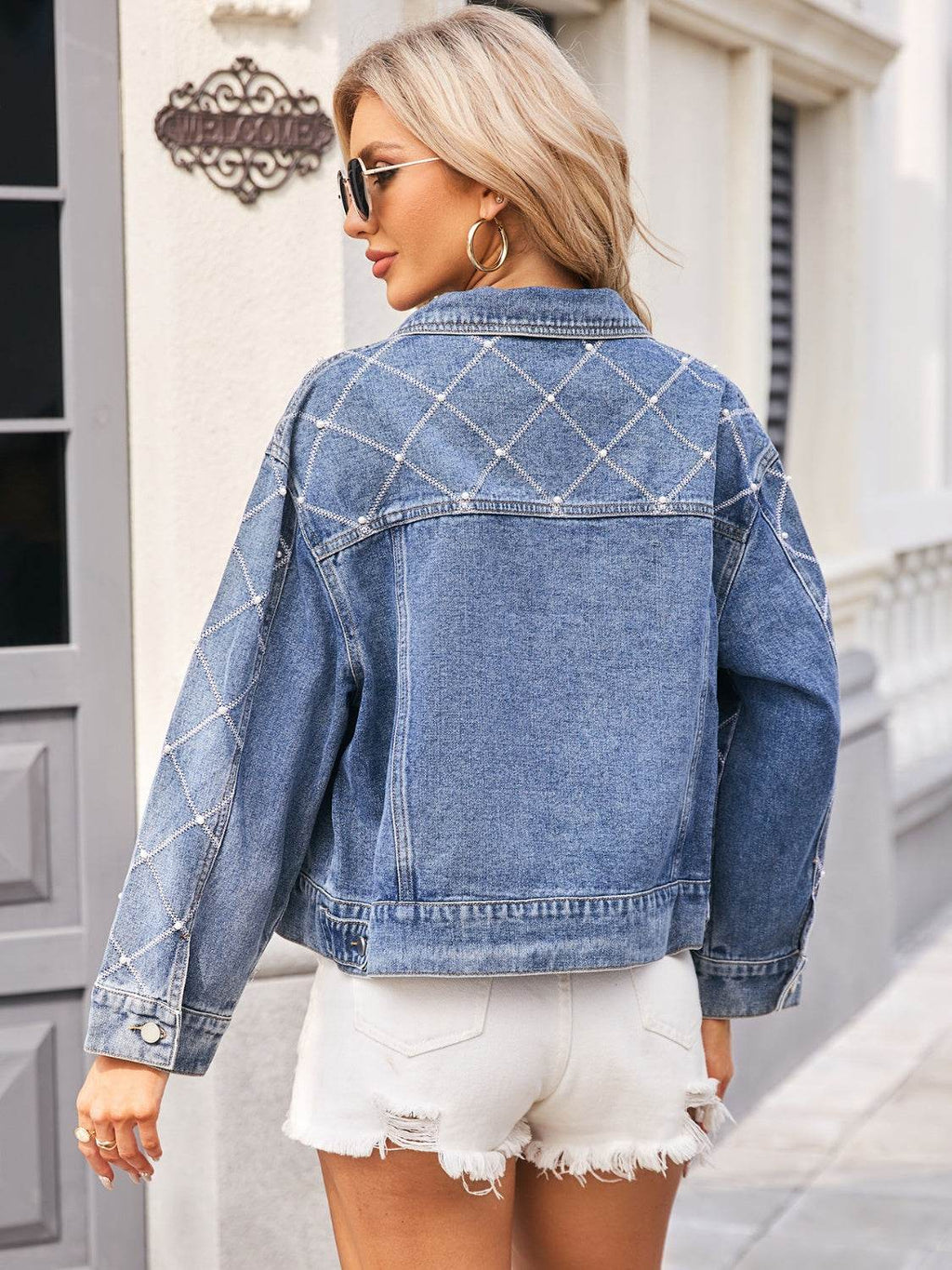 Pearl Trim Long Sleeve Denim Jacket - Delanoir