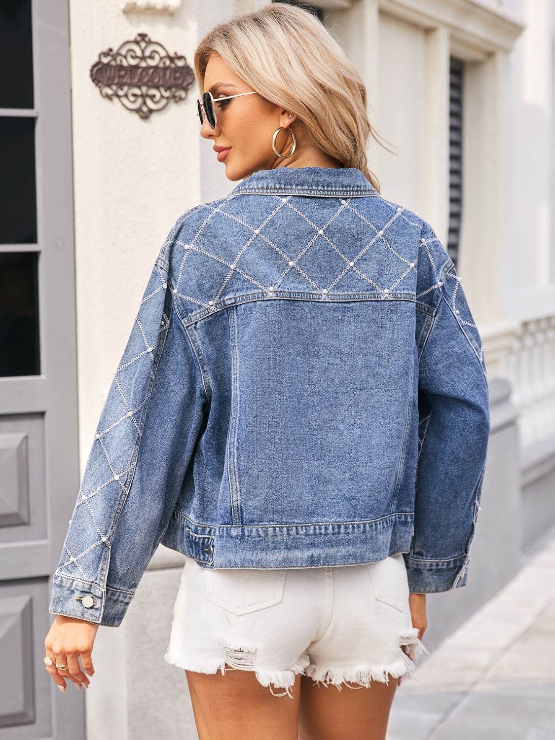 Pearl Trim Long Sleeve Denim Jacket - Delanoir