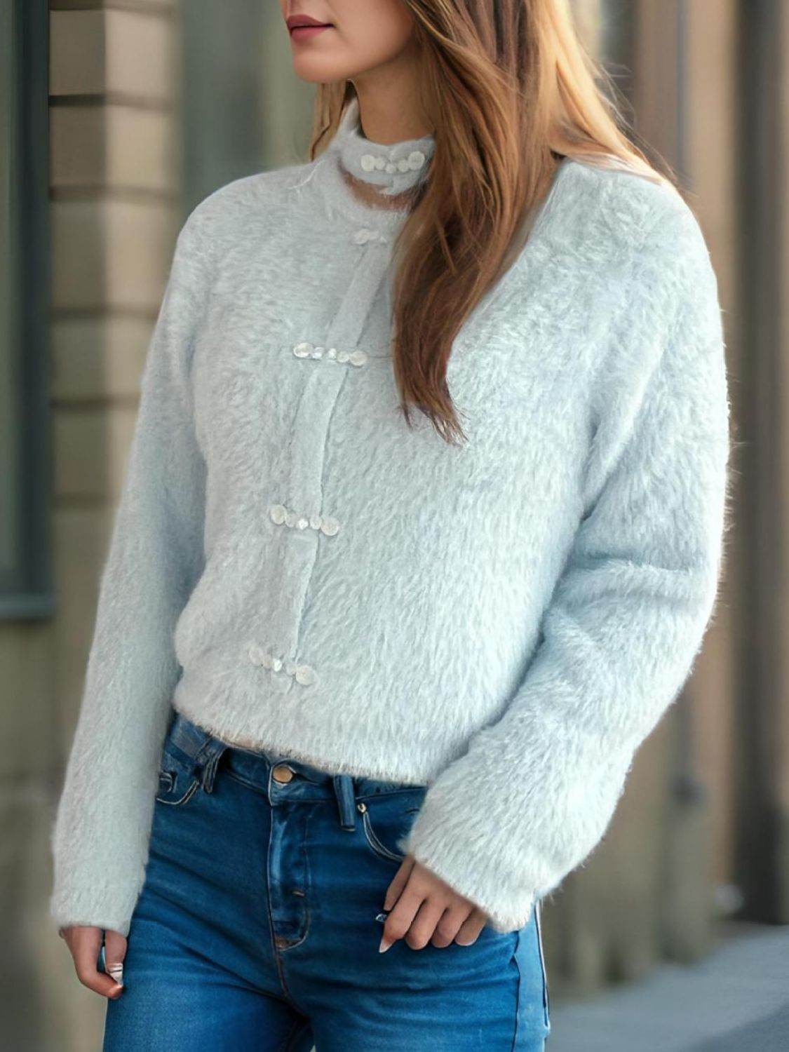 Cutout Knot Button Long Sleeve Cardigan - Delanoir
