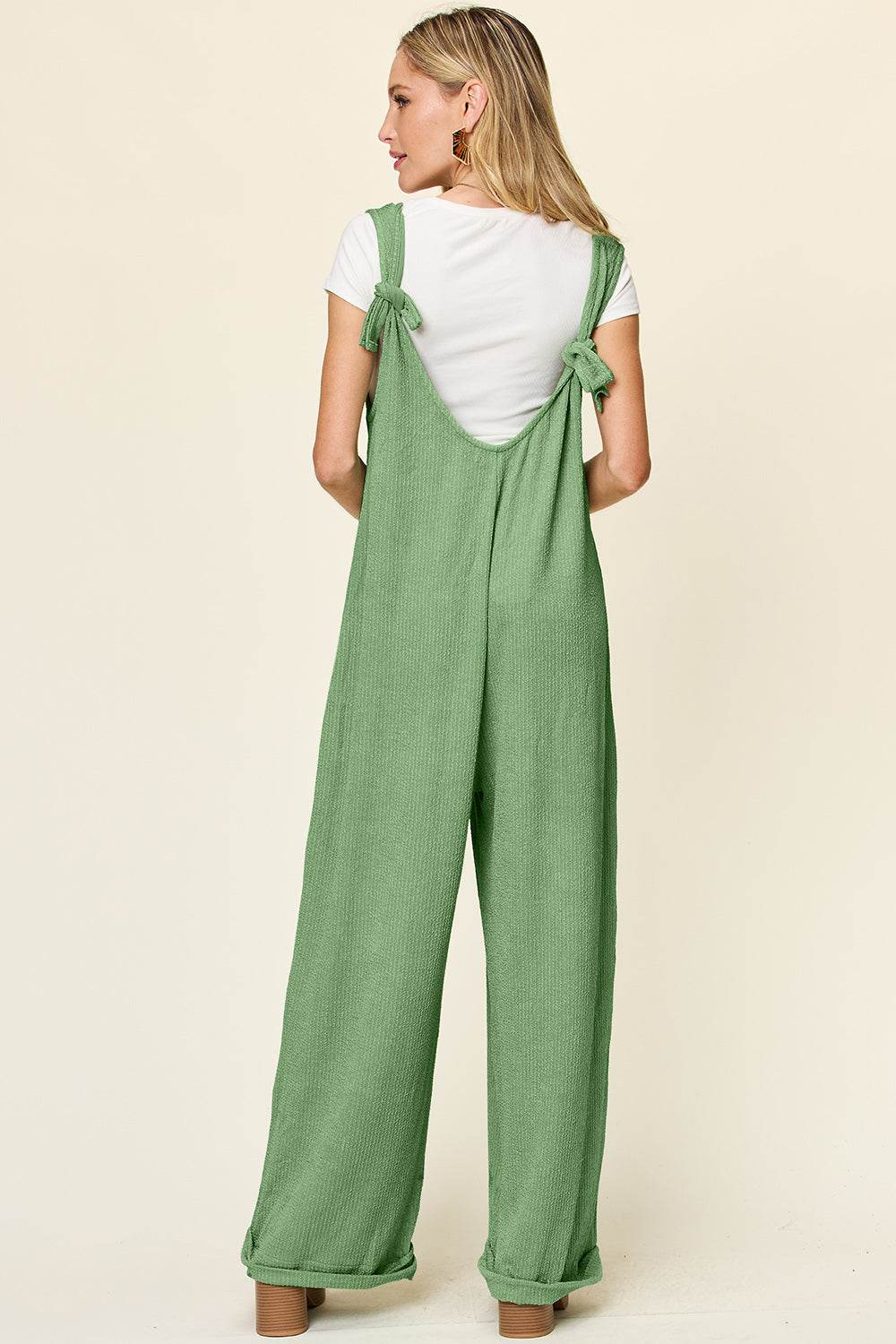 Double Take Full Size Texture Sleeveless Wide Leg Jumpsuit - Delanoir