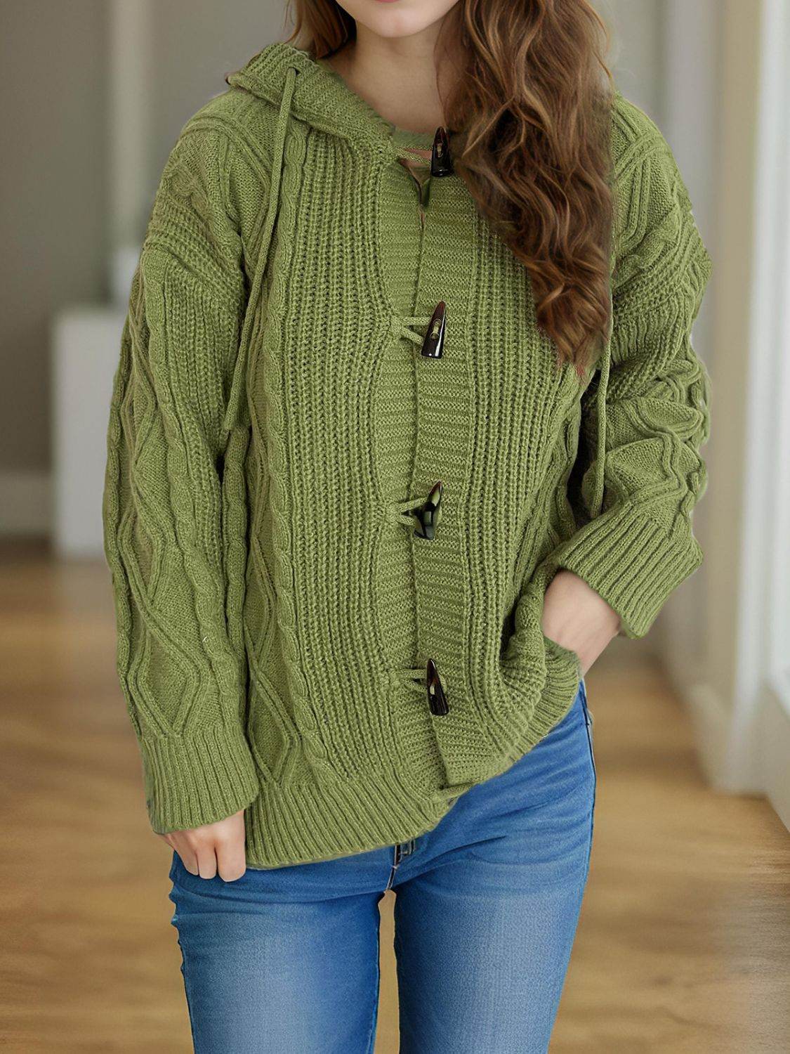 Cable-Knit Long Sleeve Hooded Cardigan - Delanoir