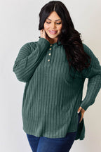 Basic Bae Full Size Ribbed Half Button Long Sleeve High-Low T-Shirt - Delanoir