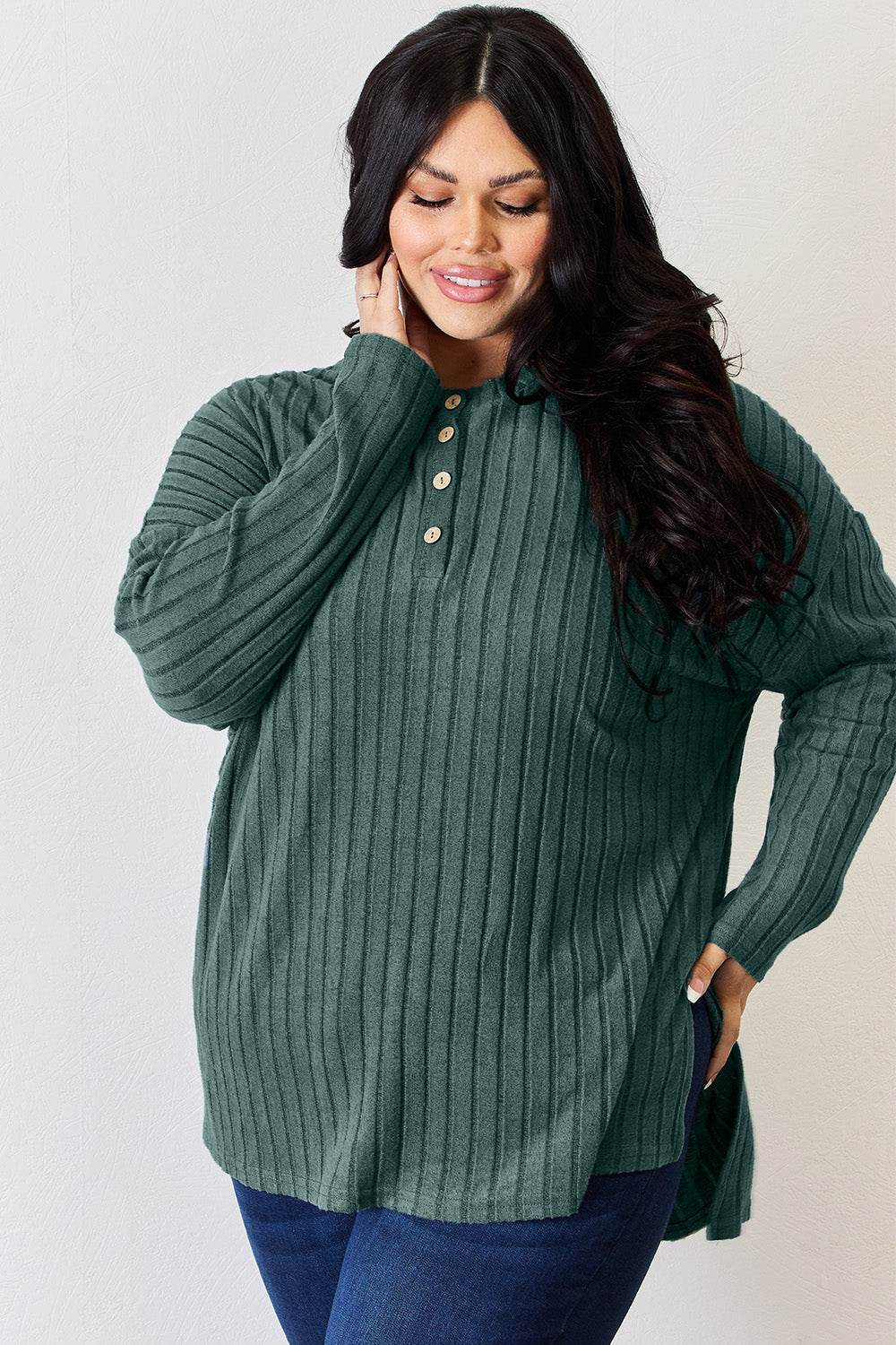 Basic Bae Full Size Ribbed Half Button Long Sleeve High-Low T-Shirt - Delanoir