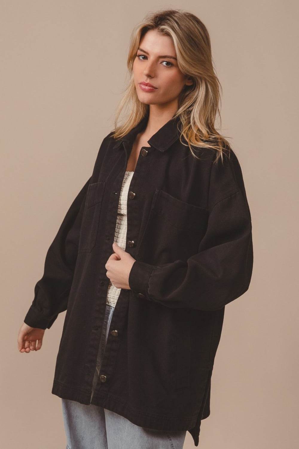 BiBi Button Up Washed Jacket with Pockets - Delanoir
