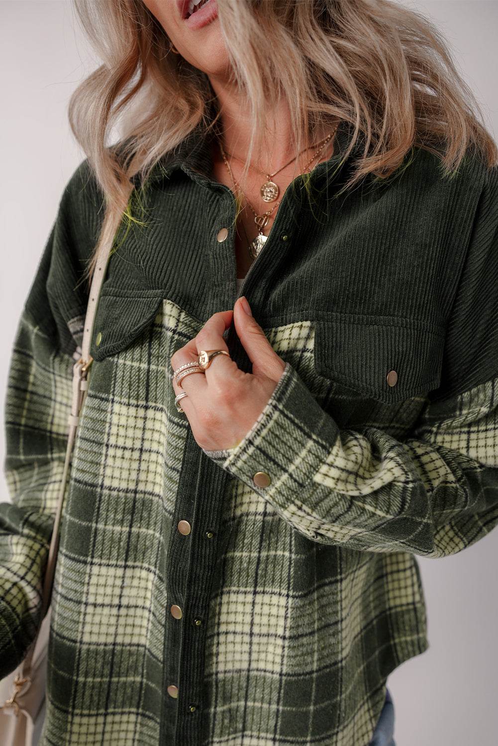 Snap Down Collared Neck Plaid Shacket - Delanoir