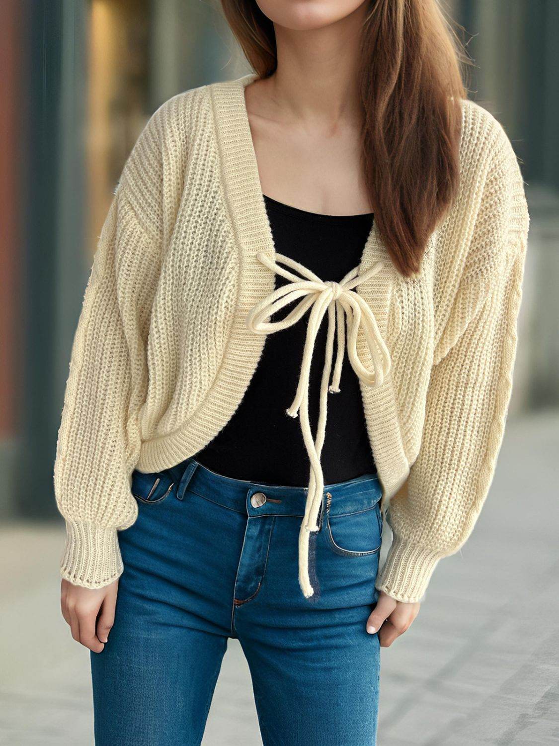 Tied Dropped Shoulder Long Sleeve Cardigan - Delanoir