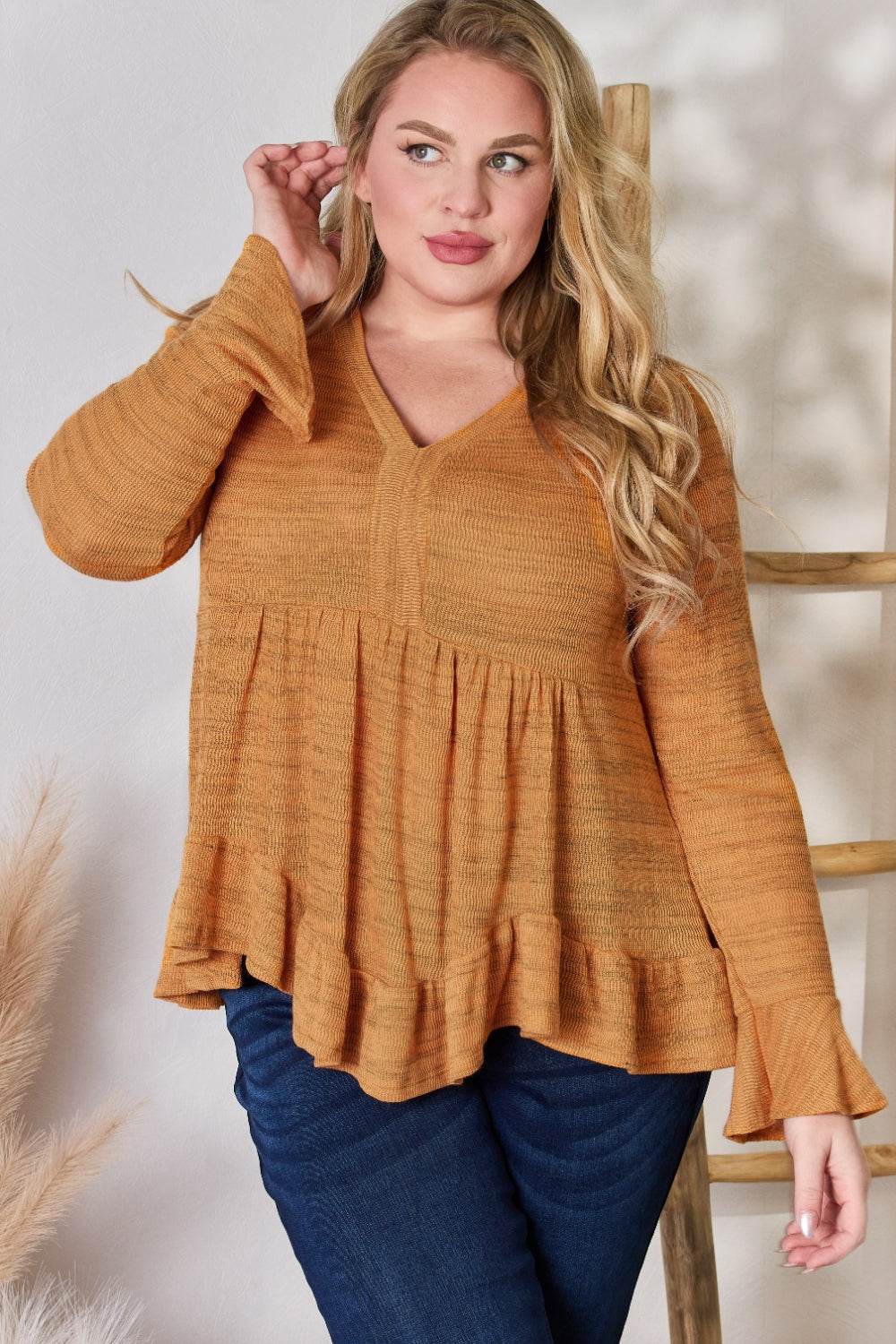 Hailey & Co Full Size V-Neck Flounce Sleeve Blouse - Delanoir