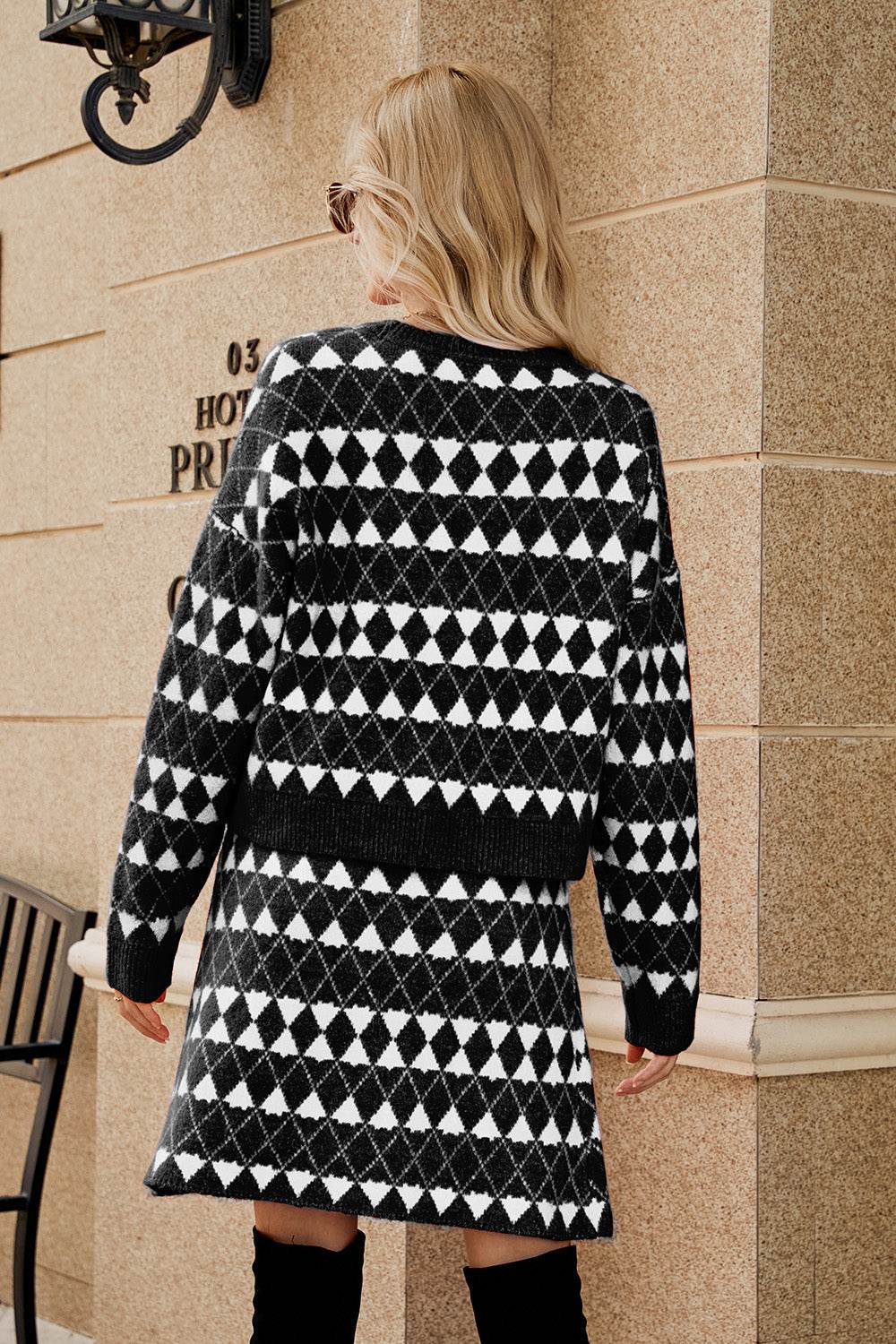 Geometric Button Front Cardigan and Skirt Set - Delanoir