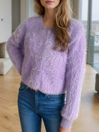 Heart Button Round Neck Cardigan - Delanoir