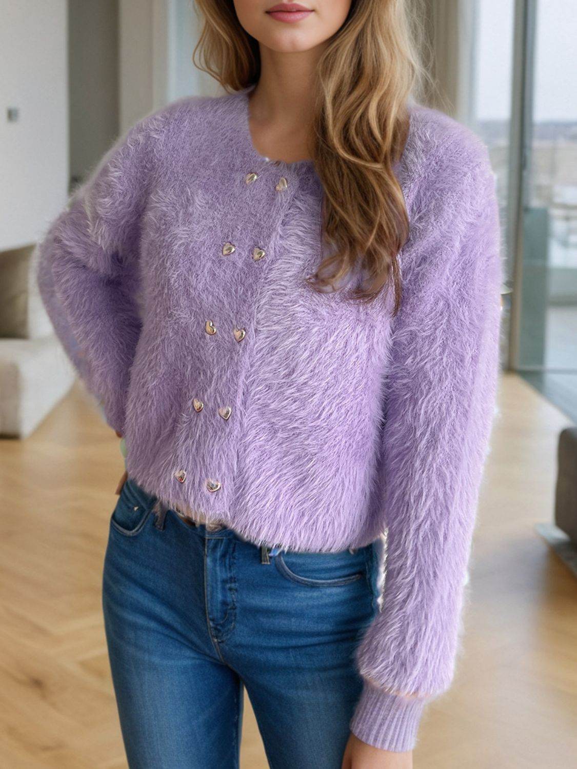 Heart Button Round Neck Cardigan - Delanoir