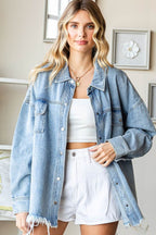 First Love Smile Face Button Down Raw Hem Denim Jacket - Delanoir