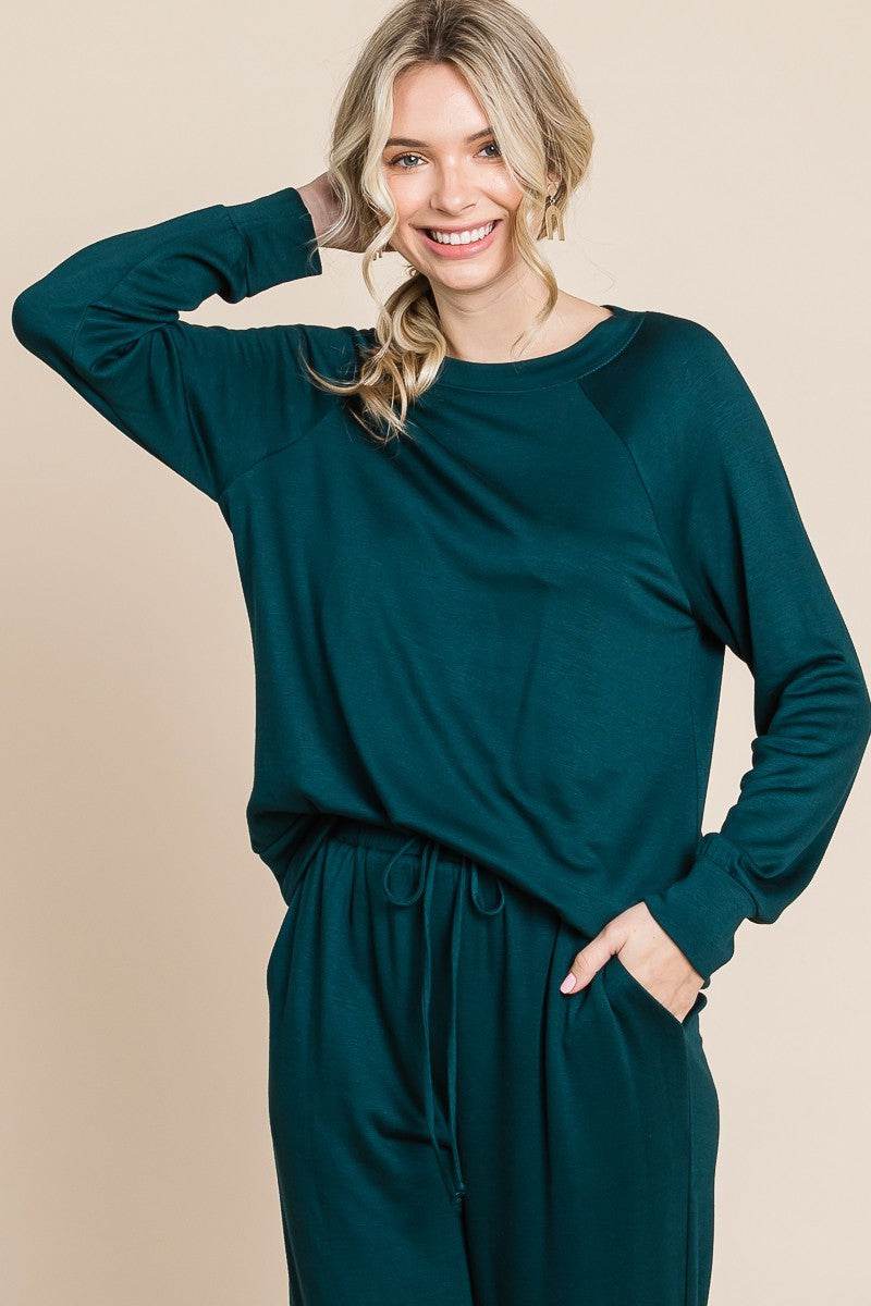 Super Lady Round Neck Raglan Sleeve Top and Drawstring Pants Lounge Set - Delanoir