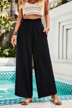 Devine Smocked Wide Leg Pants with Pockets - Delanoir