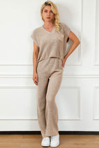 Pocketed V-Neck Top and Wide Leg Sweater Set - Delanoir