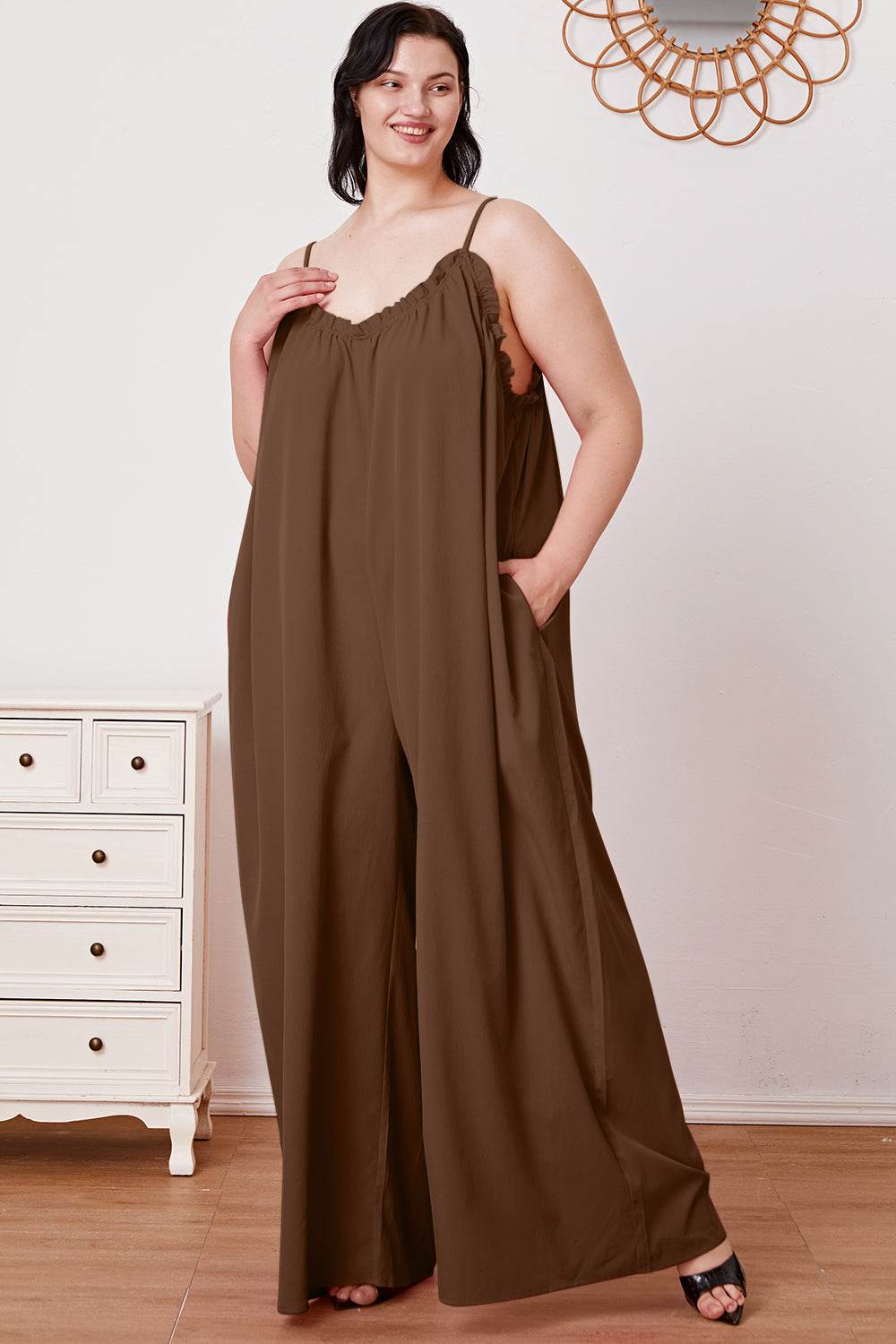 Double Take Full Size Ruffle Trim Tie Back Cami Jumpsuit with Pockets - Delanoir