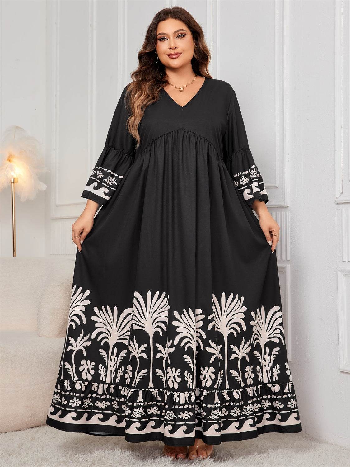 Honey Plus Size Printed V-Neck Long Sleeve Maxi Dress - Delanoir