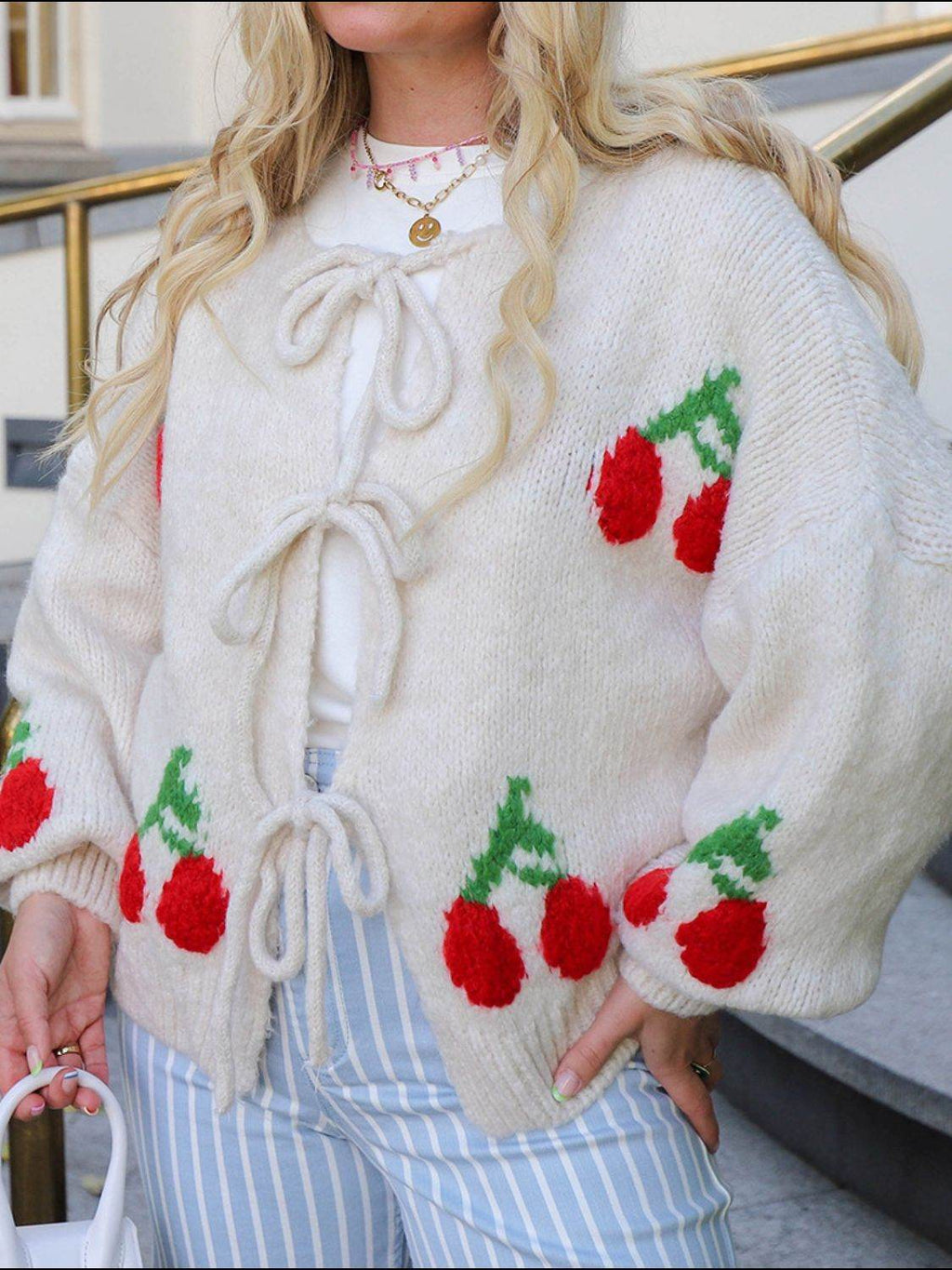 Tied Cherry Round Neck Long Sleeve Cardigan - Delanoir