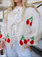 Tied Cherry Round Neck Long Sleeve Cardigan - Delanoir