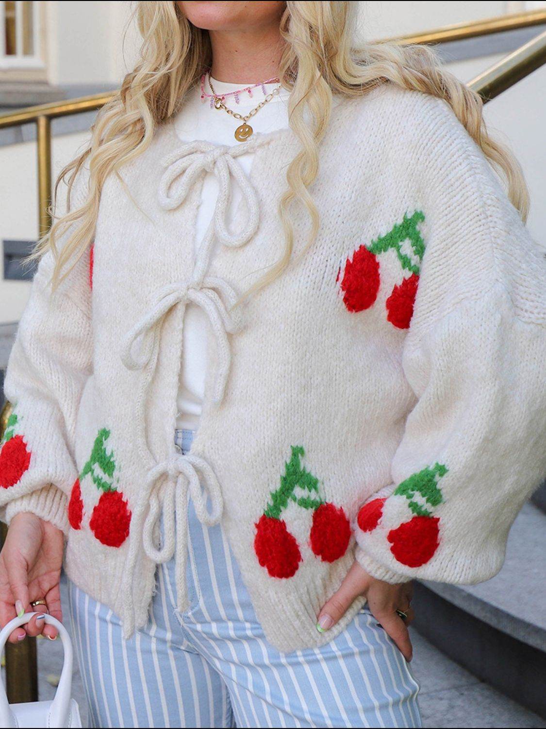 Tied Cherry Round Neck Long Sleeve Cardigan - Delanoir